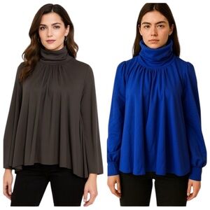 Laura Galic Bold Blue Pleated Flowing Turtleneck Top